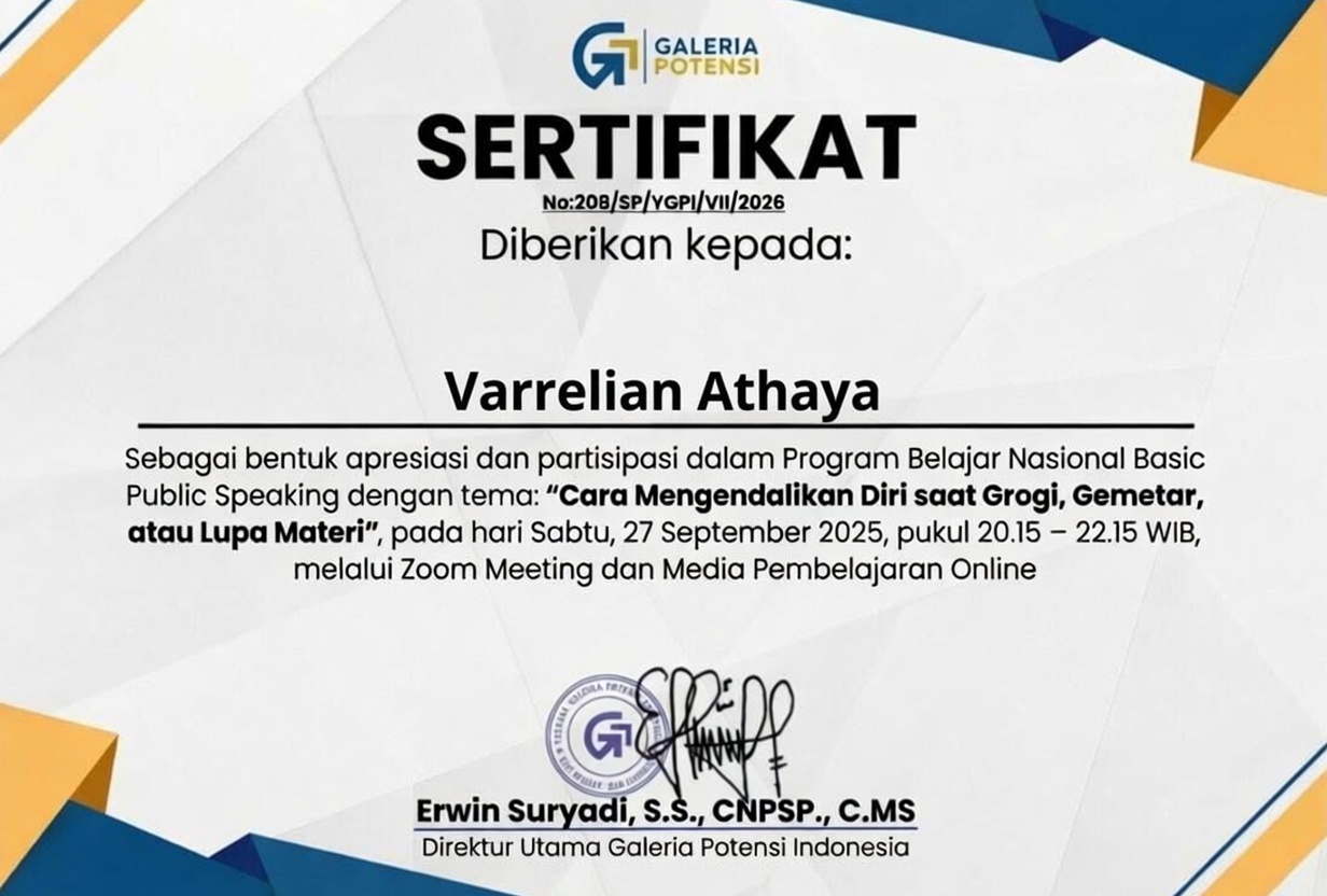 Sertifikat Cara mengendalikan Diri saat Grogi, Gemetar, atau Lupa materi
